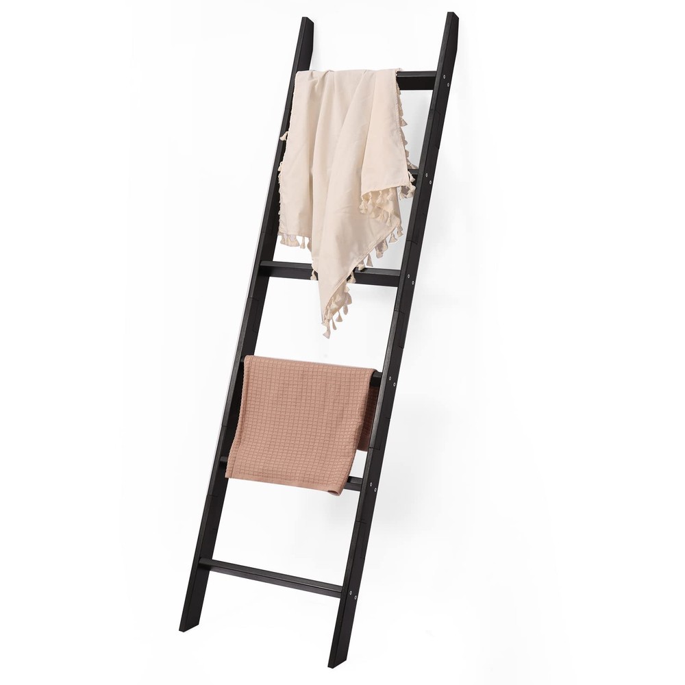 6-Tier Wooden Blanket Ladder Quilt Stand Decorative Ladder Shelf, Leaning She...