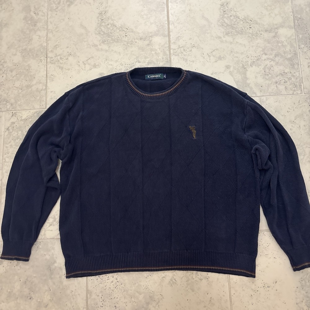 Vintage 90s Textured Graphic Print Blue Golf Sweater Men’s XL USA Embroidered
