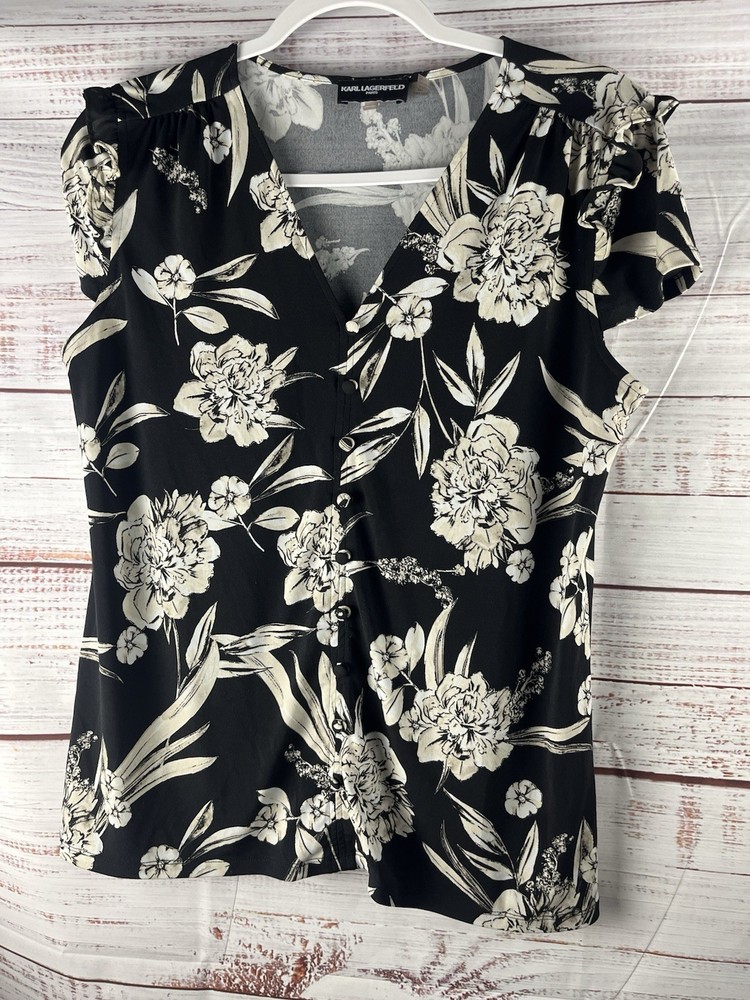 Karl Lagerfeld Paris Floral Blouse Women’s Medium Short Sleeve Ruffled V-Neck