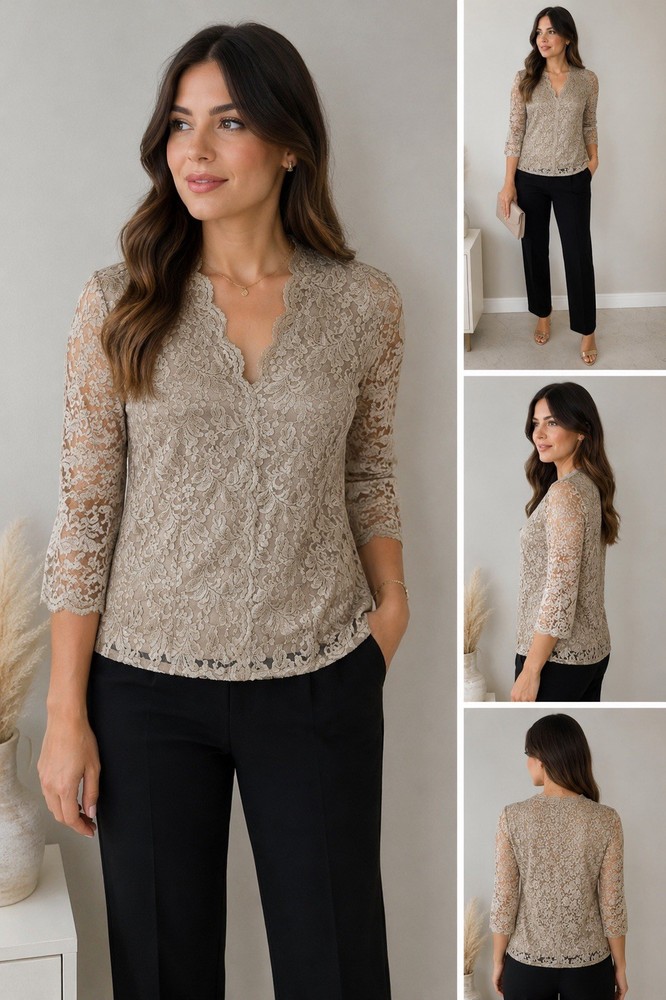 Alex Evenings Black Blouse with lace overlay and sheer sleeves