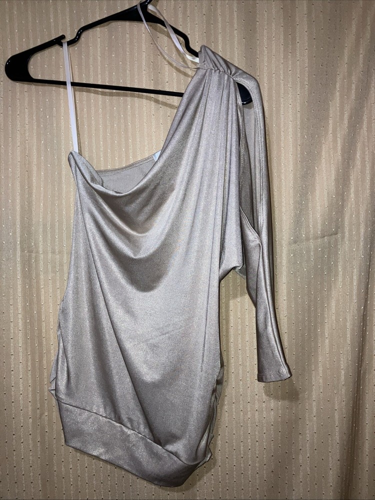 Cache One Shoulder  Cream With Gold Top Size XS Rouched Sides Slit Sleeve