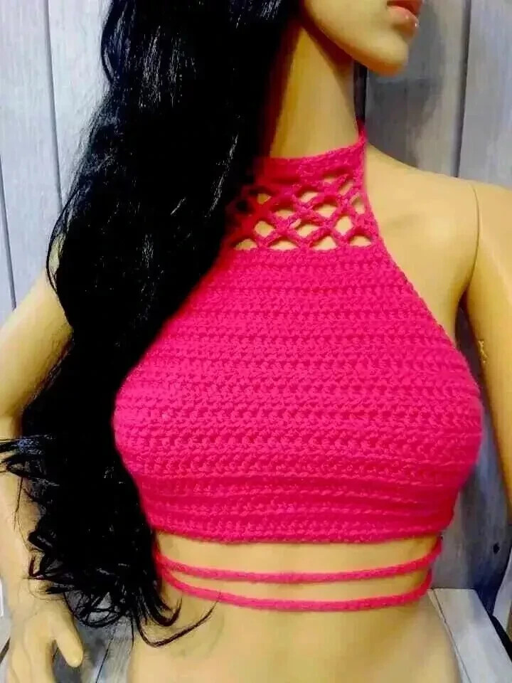 crochet handmade  boho womans summer top festival M/L hot pink USA