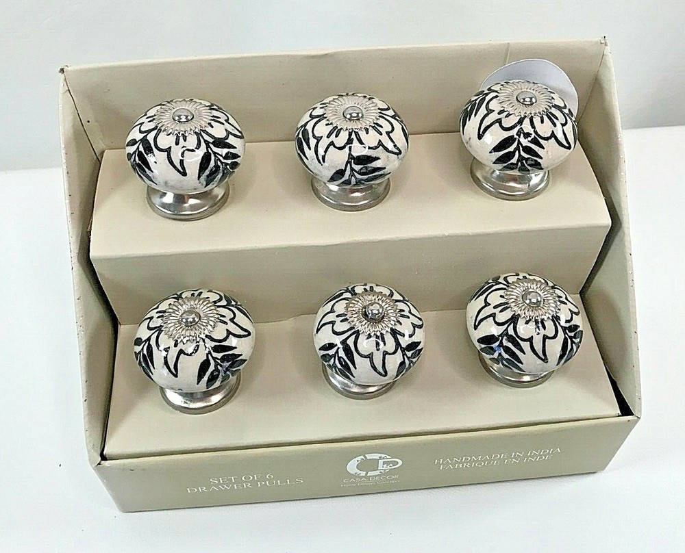 CASA DECOR Home Design Blue/White/Silver CERAMIC Drawer Knobs / Pulls Set 6 NEW