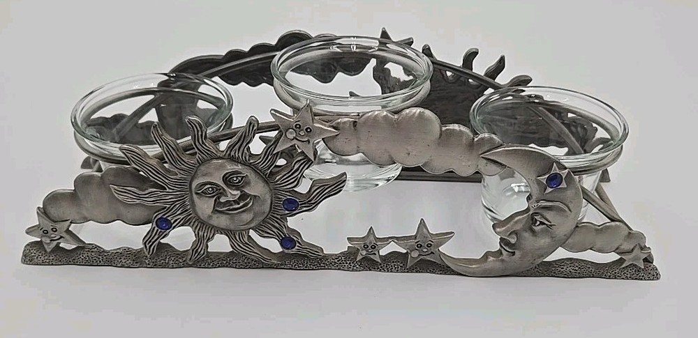 Vintage Spoontiques Pewter Arch Candle Holder Votive Sun Moon Stars Celestial