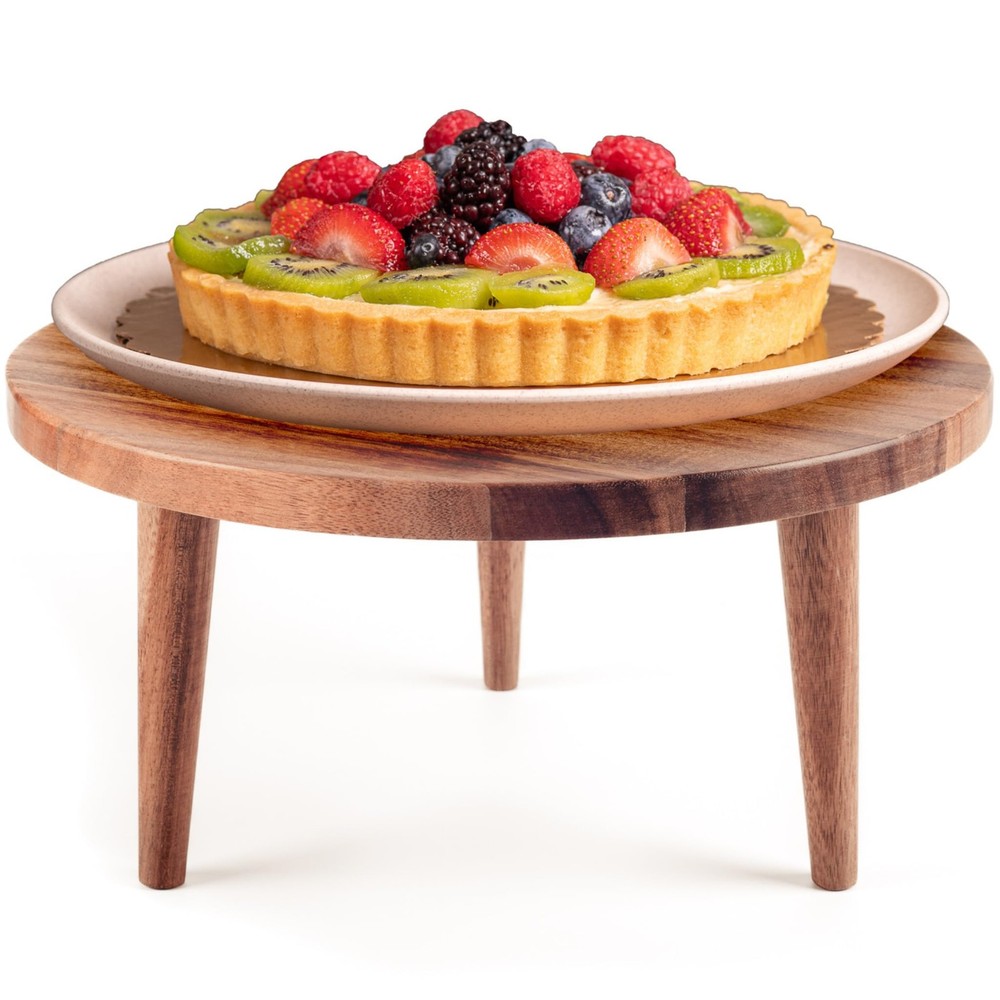 Acacia Wood Round Pedestal Cake Stand with Removable Serving Board-image