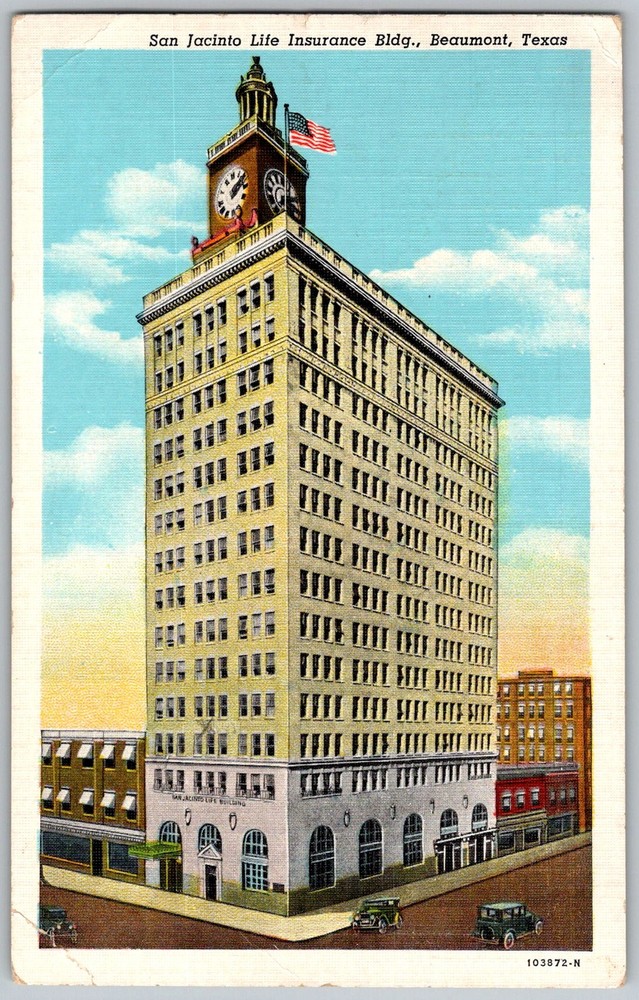 Vtg Linen Postcard San Jacinto Life Insurance Beaumont, TX 1940s