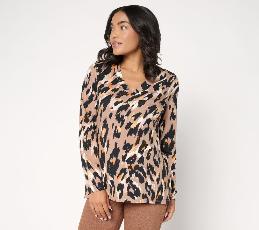Belle by Kim Gravel Women's Top Sz XS TripleLuxe Knit Fierce & DARK BEIGE