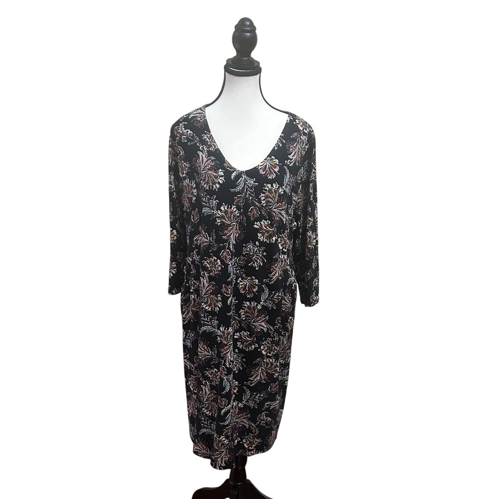 J Jill Wearever Black Floral Paisley Print Knit Midi Dress Size L