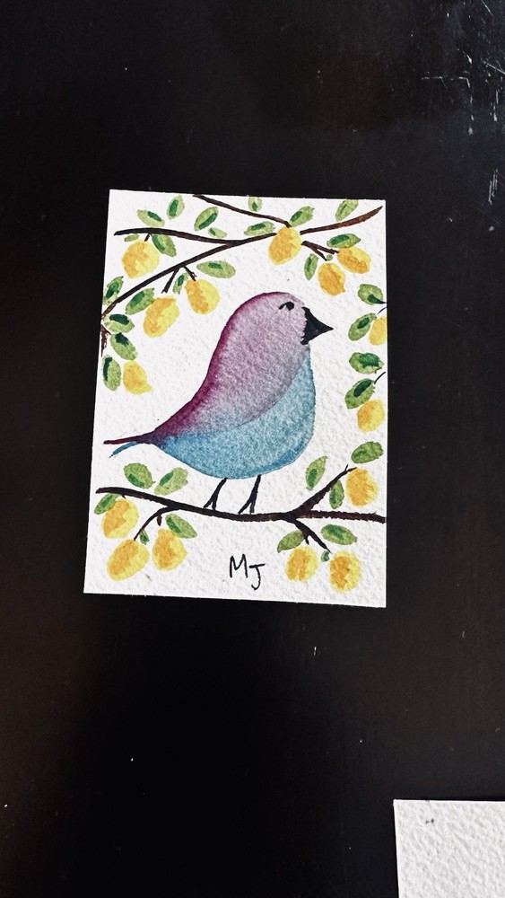 ACEO Original Watercolor 3.5 x 2.5  birds and lemon tree