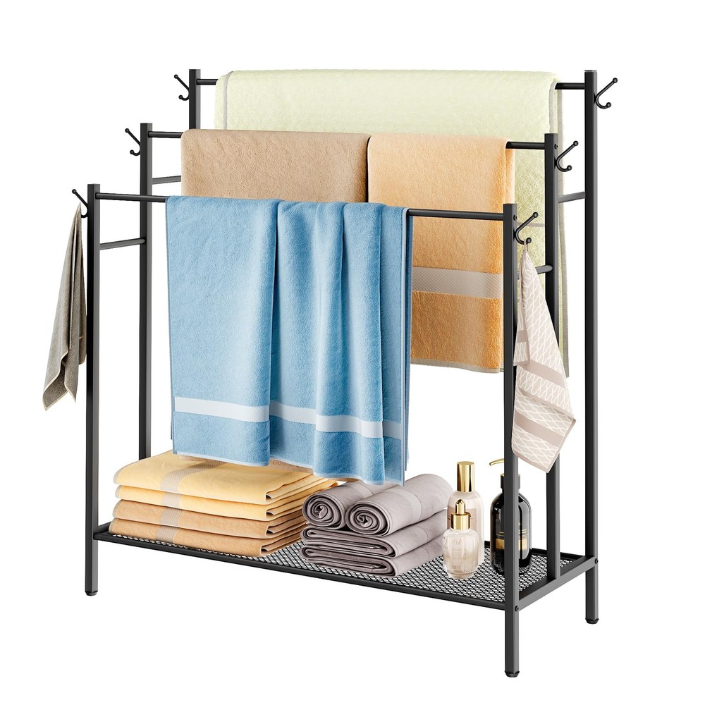 Freestanding Towel Rack,3 Tier Blanket Holder with Storage Shelf & 6 Hooks, F...