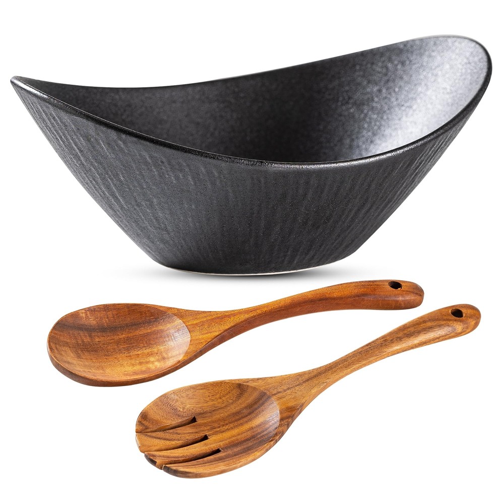 Ceramic Large Elegant Ceramic Oval Salad Bowl Set with Premium Acacia Wood Se...