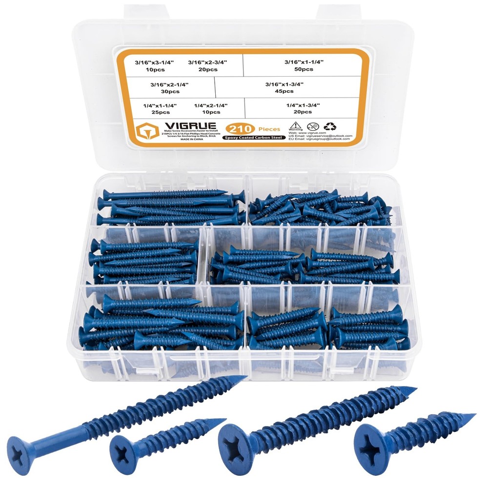 1/4 3/16 Concrete Screws Assortment Kit 210PCS Flat Head Cement Screws