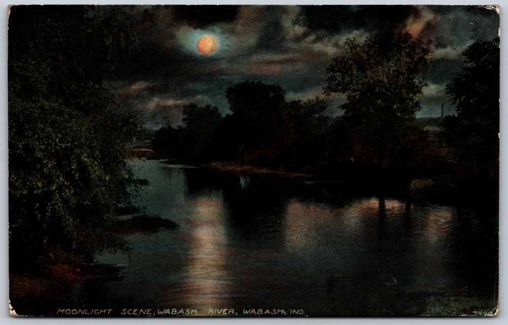 Moonlight Wabash River Scene Indiana VINTAGE Postcard 8406