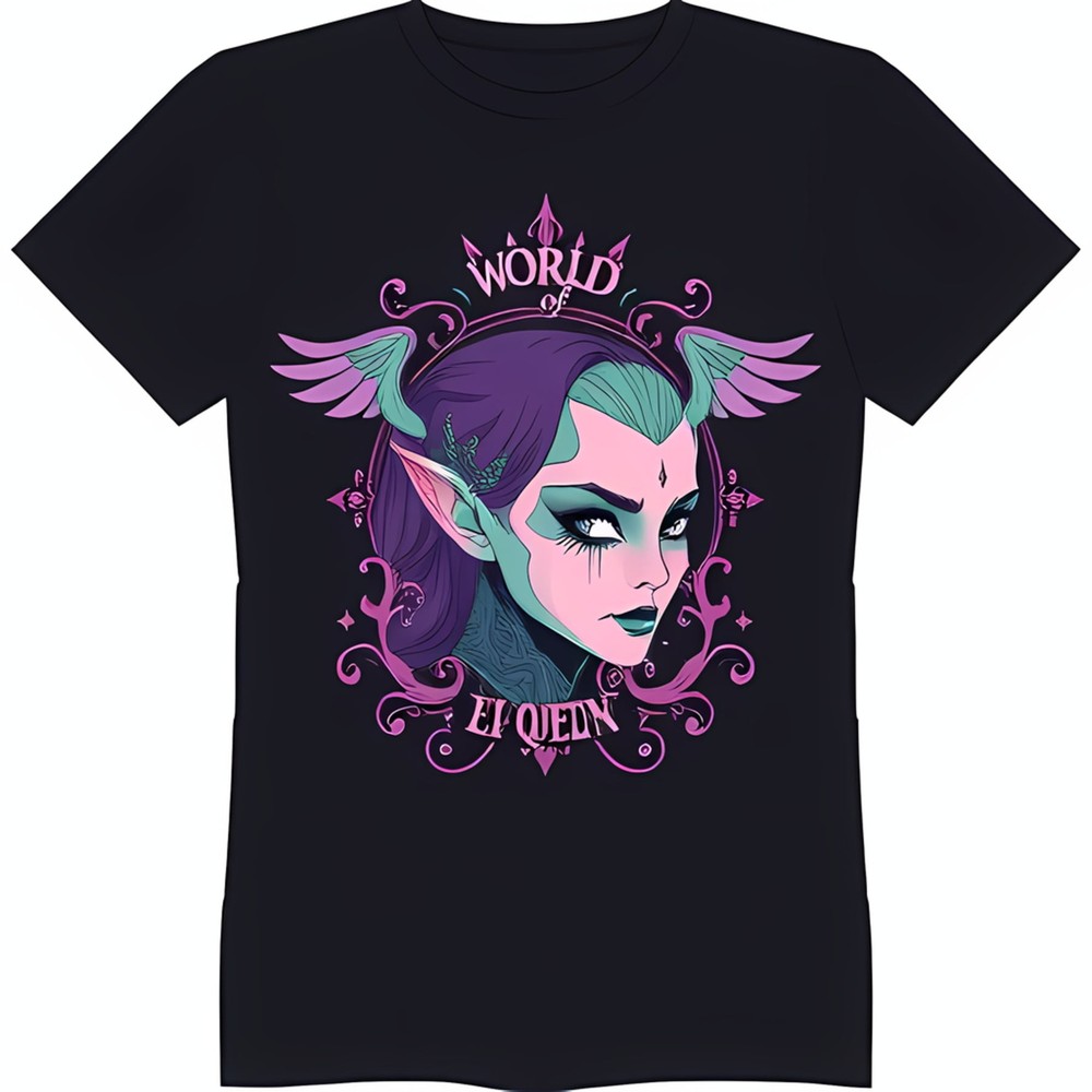 Enchanting Black T-Shirt with Queen Graphic Vines & Flowers Design