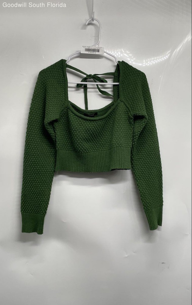 Forever 21 Womens Green Long Sleeve Tie Back Ribbed Hem Sweater Cropped Top Sz L