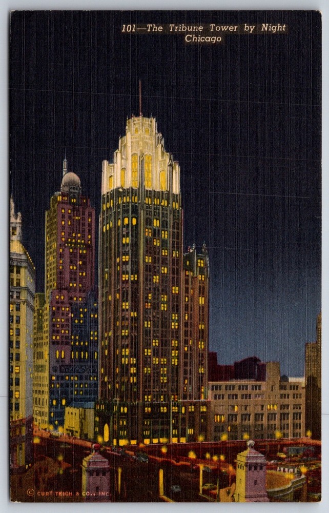 Chicago Illinois~Tribune Tower Office Bldg Seen By Night~Vintage Linen Postcard