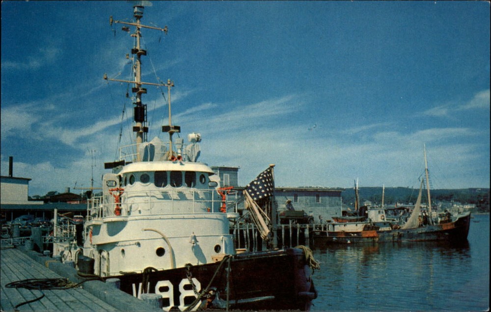 Rockland Maine Coast Guard Boat docks flag pier unused vintage postcard