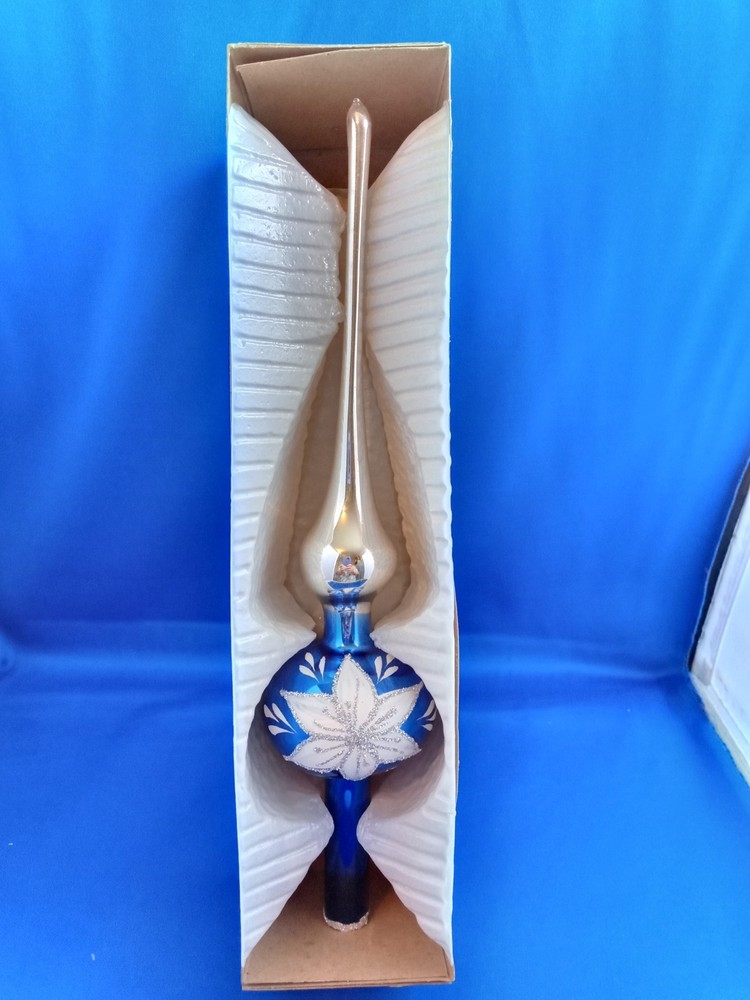 Vintage glass finial Christmas tree topper blue with white glitter snowflake