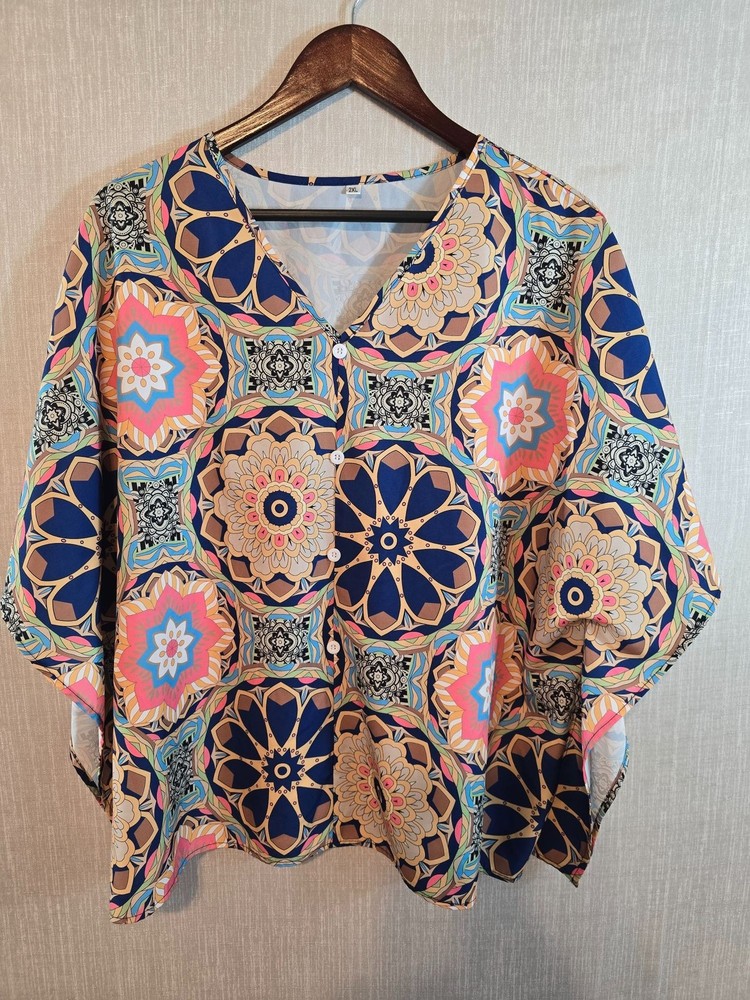 Womens Multicolor Geometric Print V-Neck Blouse Kimono style Size 2XL