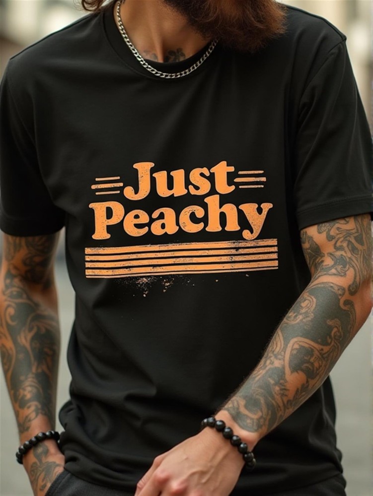 1pc Men's Vintage Just Peachy Peach Print T-Shirt - 100% Cotton 180gsm Heavyweig