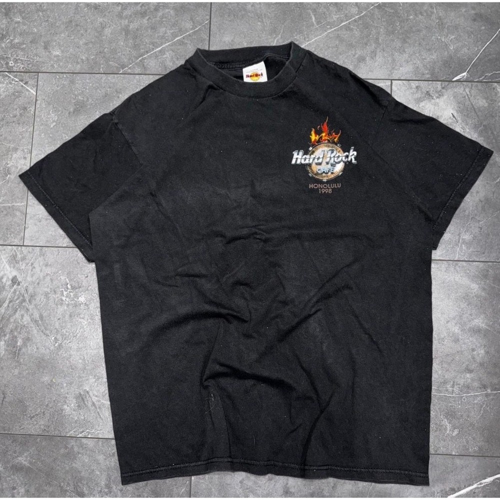 Vintage 1998 Hard Rock Cafe Honolulu T-Shirt Mens Large Black Flaming Guitar USA