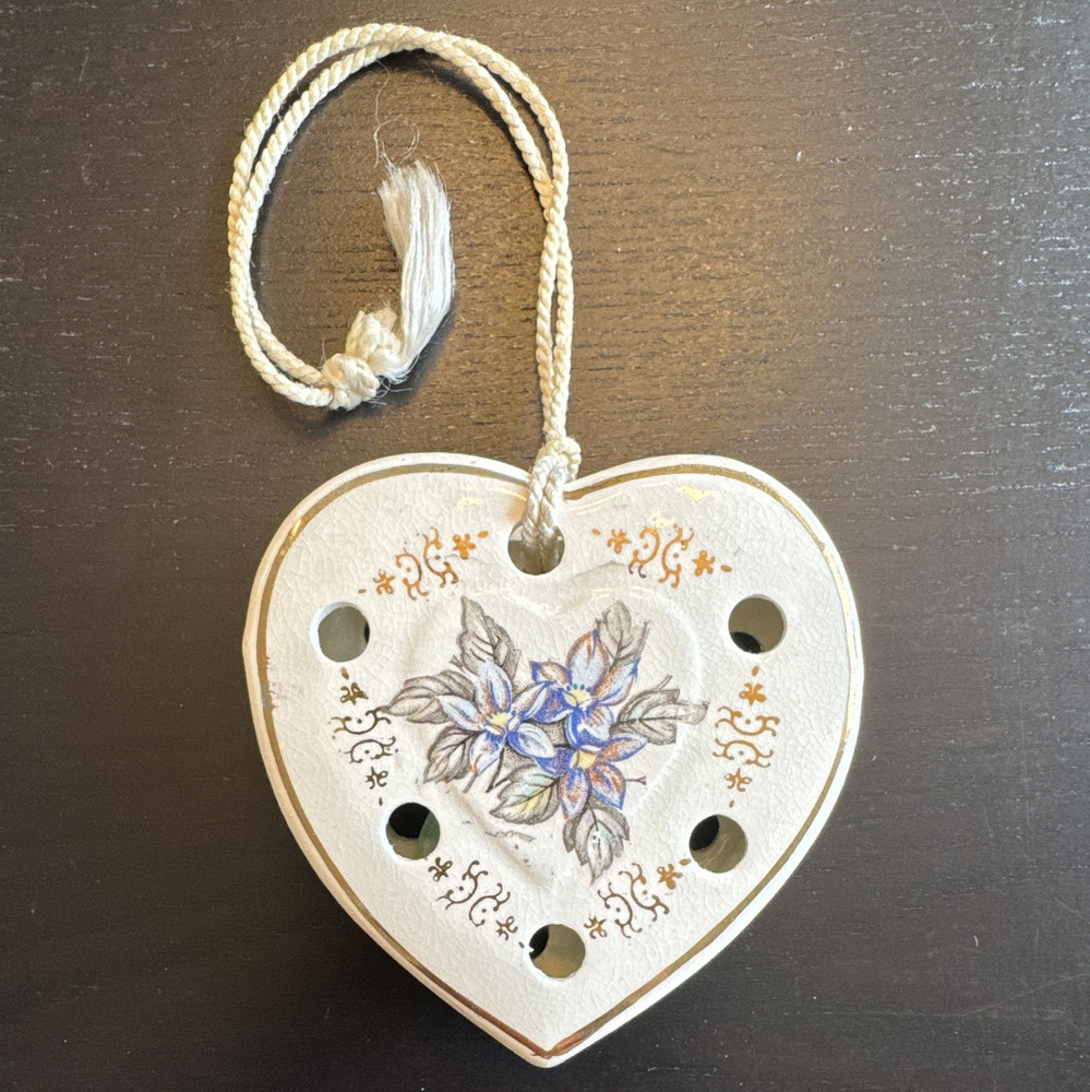 Vintage Heart-shaped Porcelain Pomander Blue Floral Cottagecore Grannycore