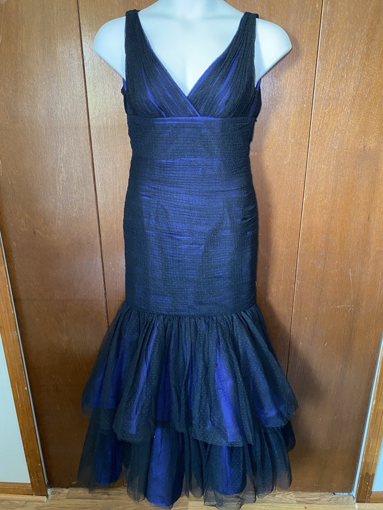 ML MONIQUE LHUILLIER Blue Black Tulle Polka Dot Trumpet Gown Dress sz 2