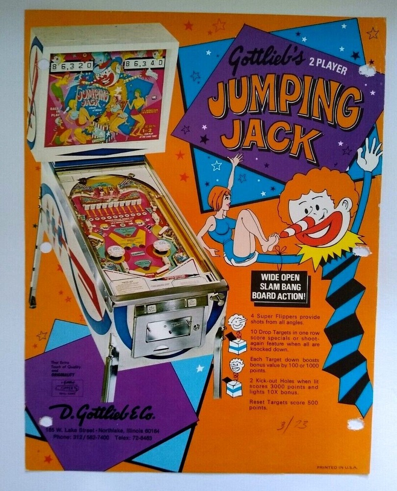 Jumping Jack Pinball Flyer Original 1973 Art Clowns Retro PUNCH HOLES 8.5