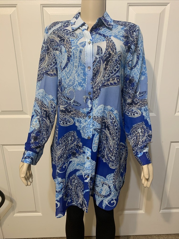 Womens Chicos Size 1 Enchanted Paisley Betty Blue Tunic Button Front Blouse NWT