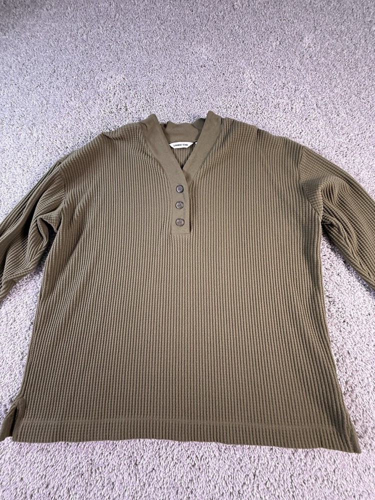 Lands’ End Women’s 1X Green Waffled Shirt V Neck Buttons
