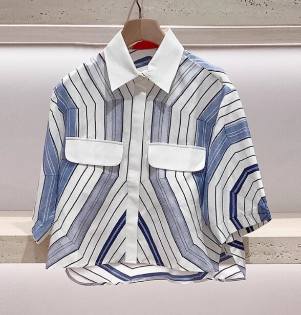 Women Sandro Collared Contrasting Short Sleeve Blouse Top