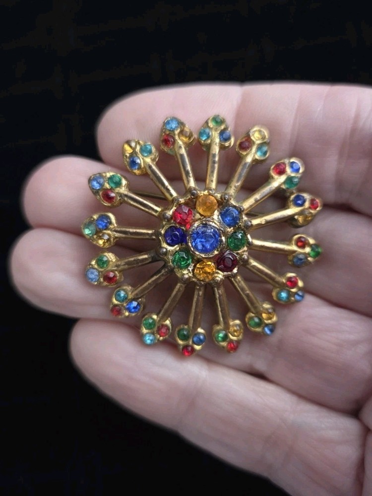 Vintage LITTLE NEMO Floral Art Deco Multicolored Rhinestone Brooch Pin