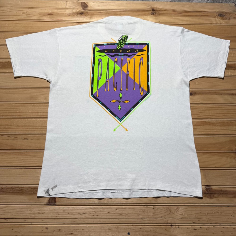 Vintage 1992 Ocean Pacific OP All Access Surf Abstract Graphic T-Shirt USA Large-image