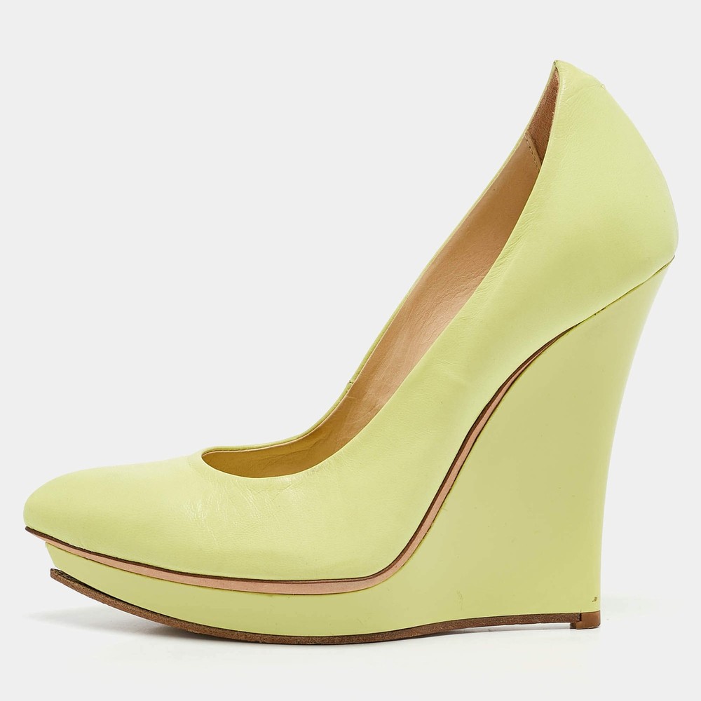 Alexander McQueen Neon Green Leather Wedge Pumps Size 37