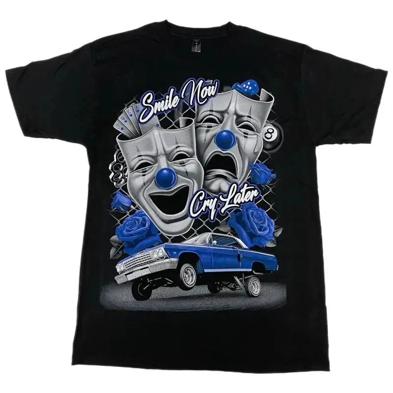 Smile Now Cry Later Lowrider Chicano Art Graphic Blue Rose Cotton T-Shirt