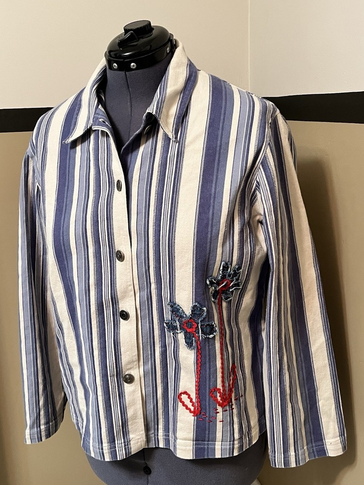 VTG Boho Embroidered Striped Denim Women's Button Up Shirt Lightweight Grandma M