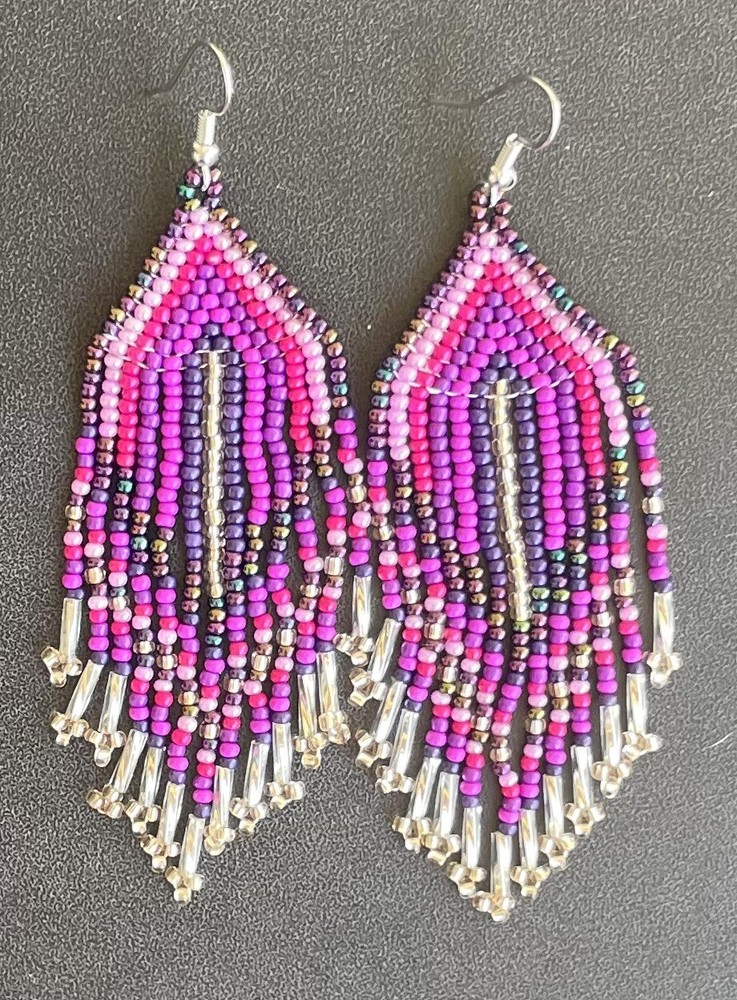 Boho Native Style Pinks Purple Seed Bead Beaded Earrings Fringe Tassel Long