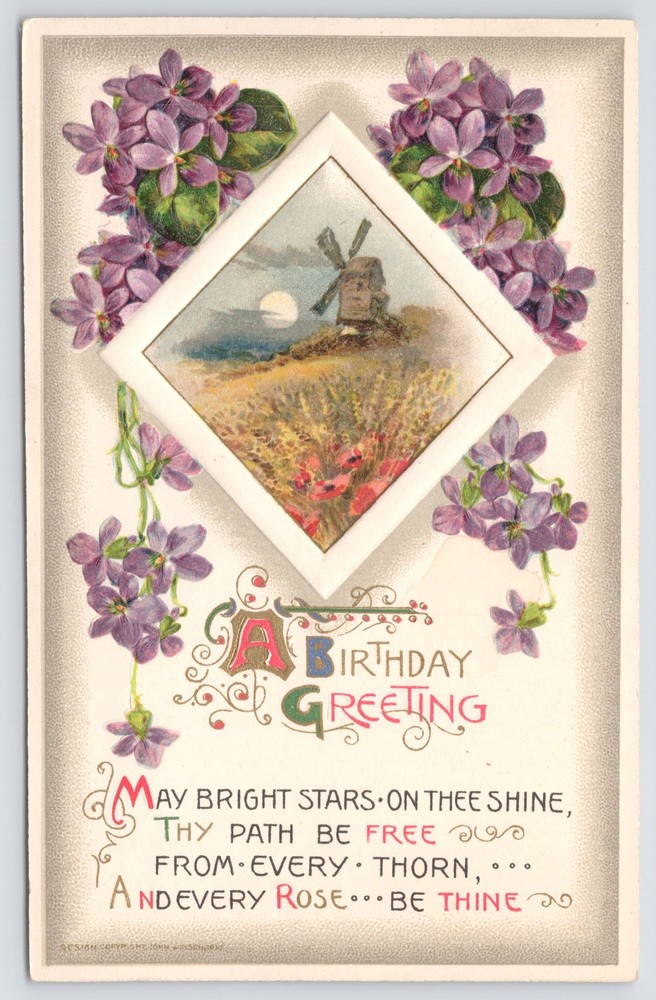 Birthday~Violets Around Moonlit Windmill In Diamond~Gold~Emb~John Winsch~1911 PC