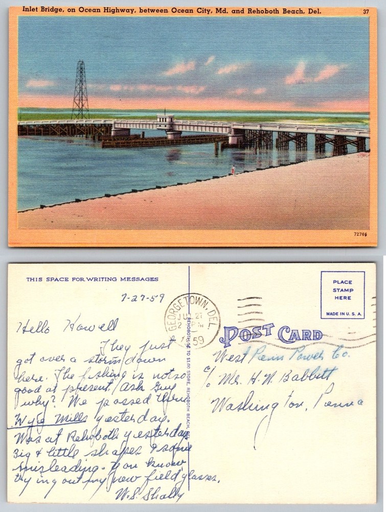1959 Inlet Bridge Ocean Highway Ocean City MD Rehoboth Beach DE Linen Postcard