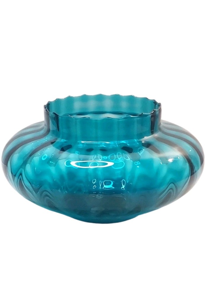 Vintage Empoli Style Optic Art Glass Bowl Vase Scalloped Rim In Deep Sea Blue
