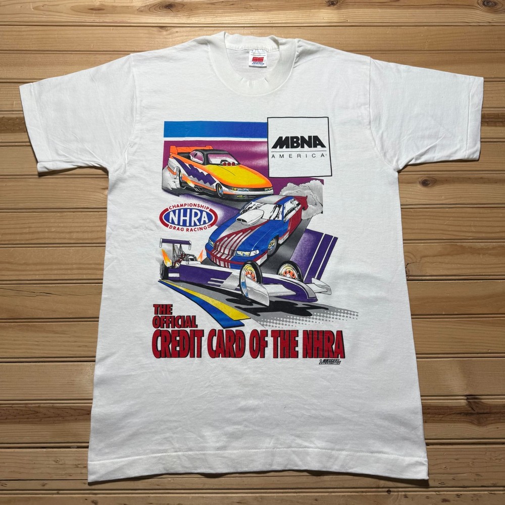 Vintage 90s NHRA Drag Racing Cars MBNA Credit Card T-Shirt USA Made Size Medium