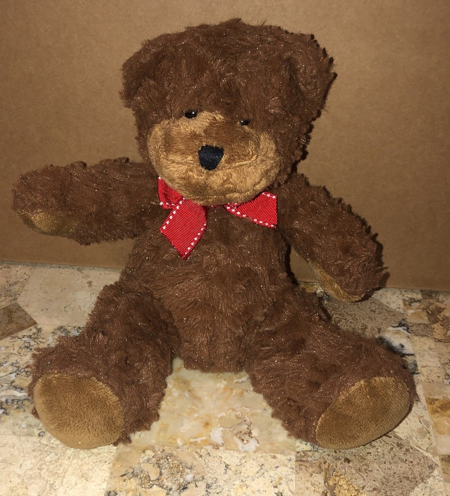 Brown Plush Teddy Bear Stuffed Animal Toy With Red Bow 11”
