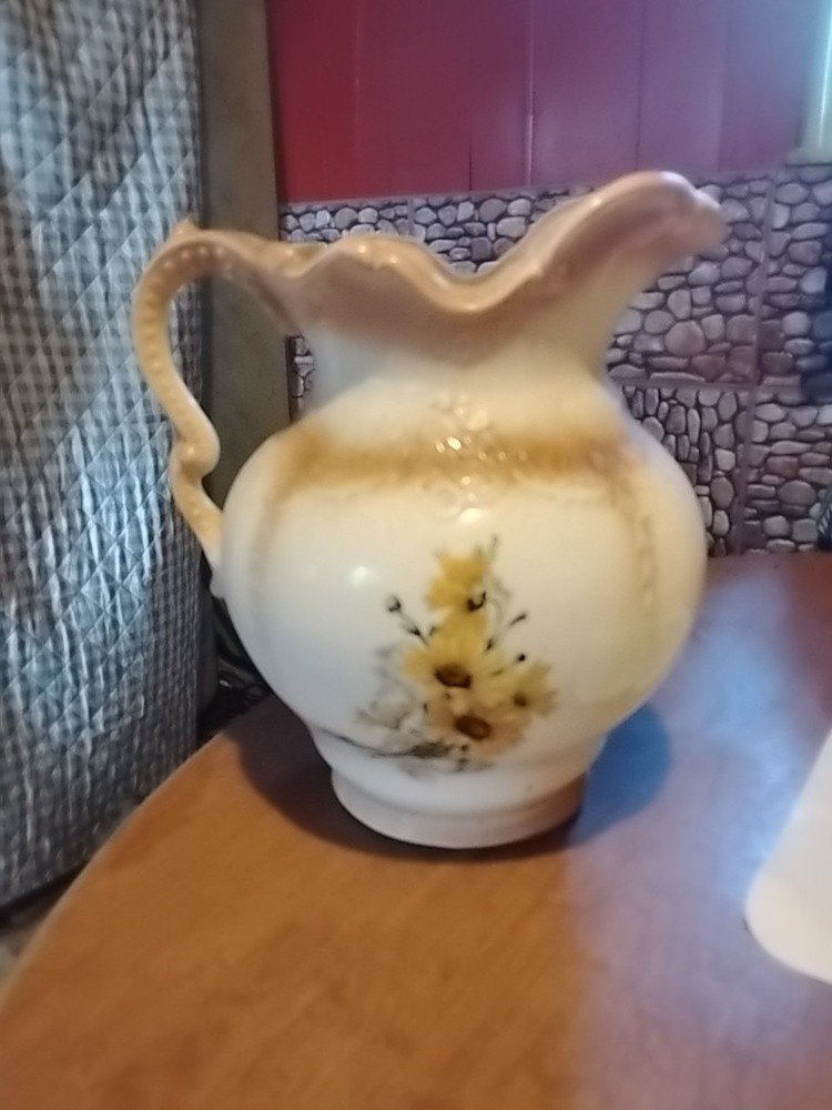 Hand Painted White Ceramic Floral Pitcher Jug w/ Gold Trim, Glossy Finish