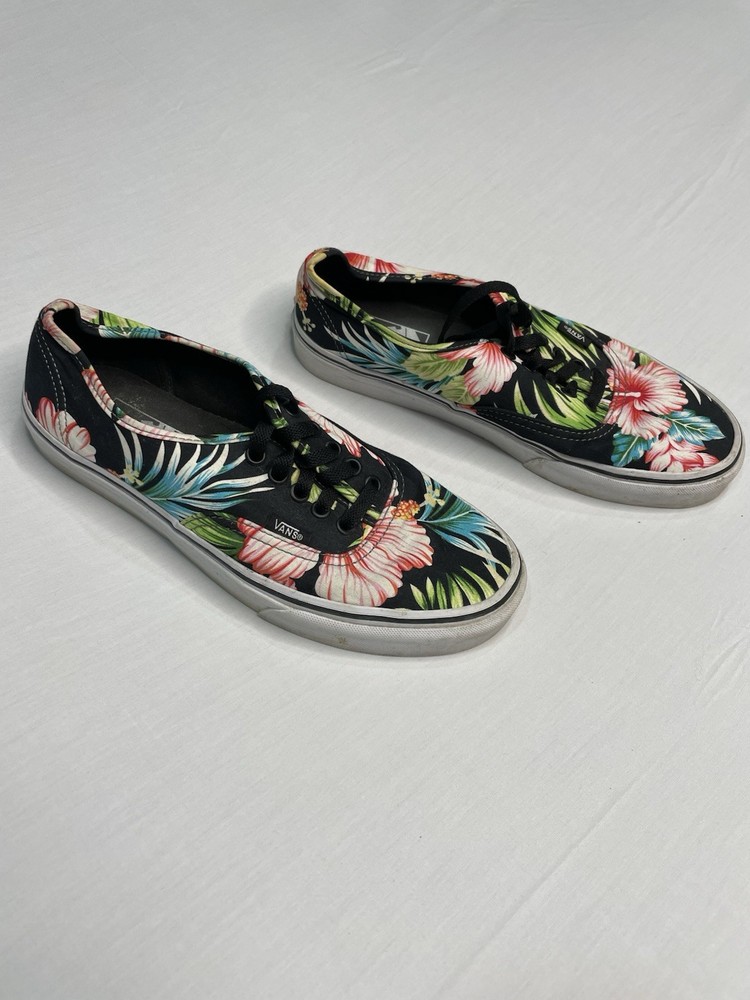 Vans Authentic Tropical Hawaiian Floral Hibiscus Black Canvas Skate Sneakers 9