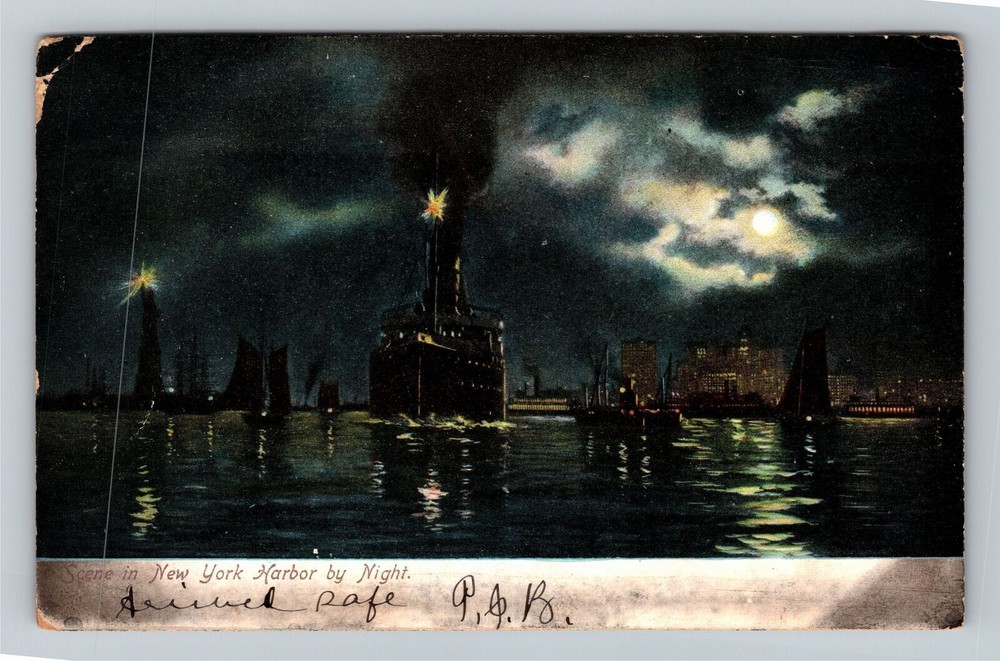 New York City NY,, New York Harbor By Night, c1909 Vintage Souvenir Postcard