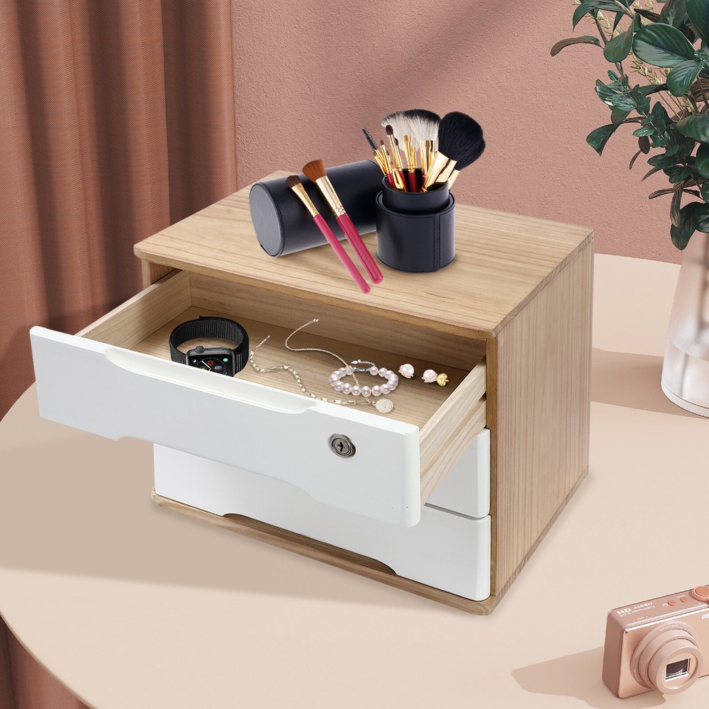 Wooden Desktop Storage Box, Desk Organizer, Desktop Box with Lockable Drawers
