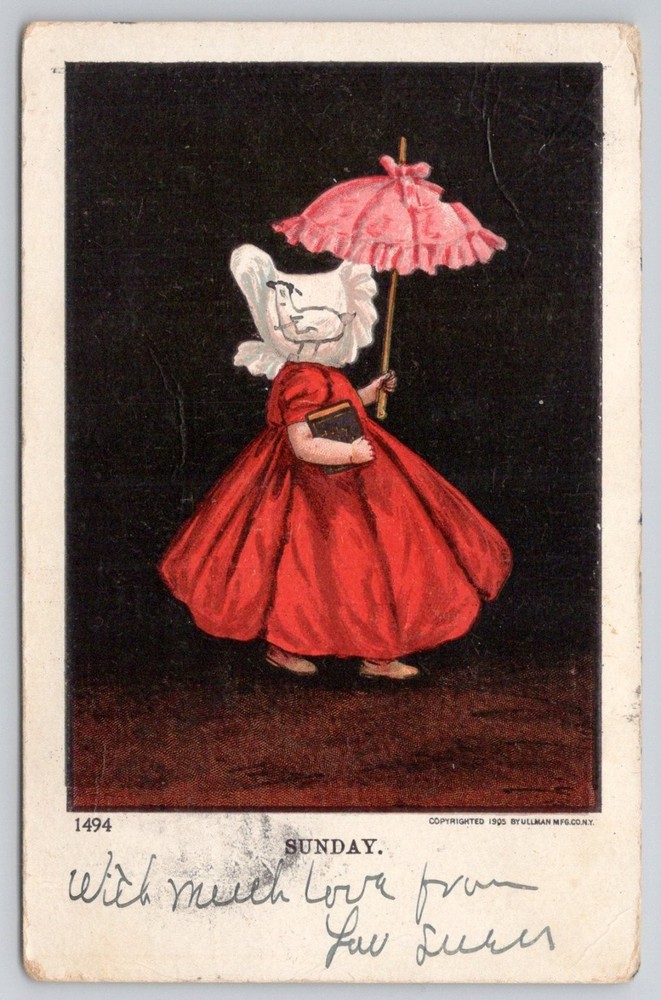 1905 Ullman Mfg Co Sunday Girl Red Dress Umbrella Postcard Mailed 1907