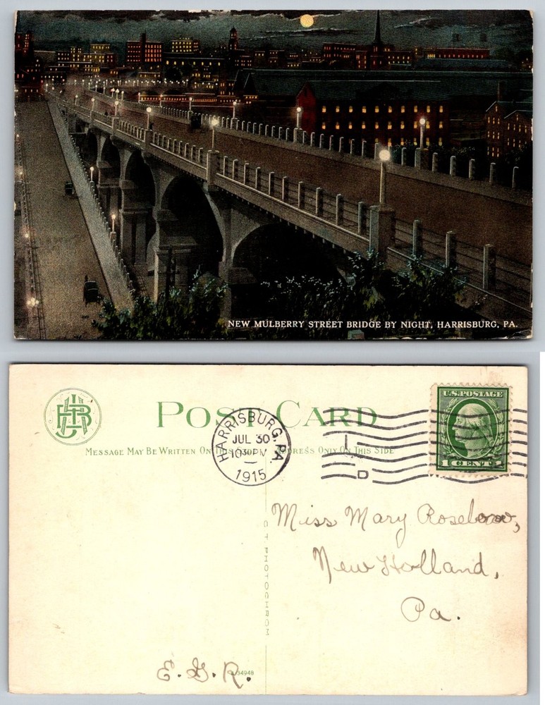 1915 Harrisburg PA New Mulberry Street Bridge Night View Postcard Posted