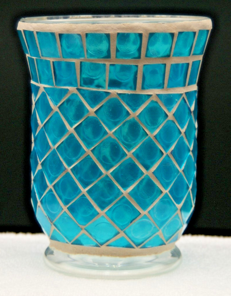 Vintage Blue Glass Mosaic Vase Candle Holder 6