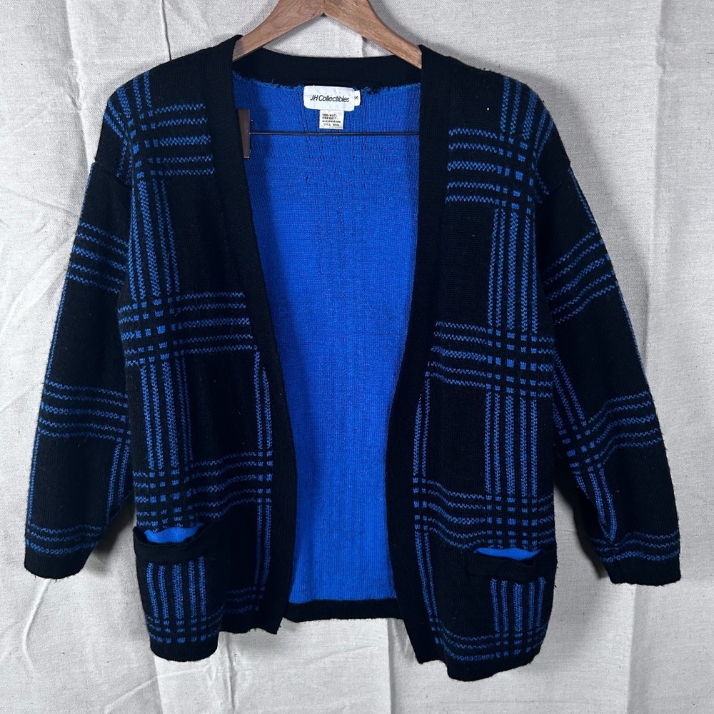 JH Collectibles Vintage 100% Wool Plaid Cardigan Sweater Blue Black Womens Small
